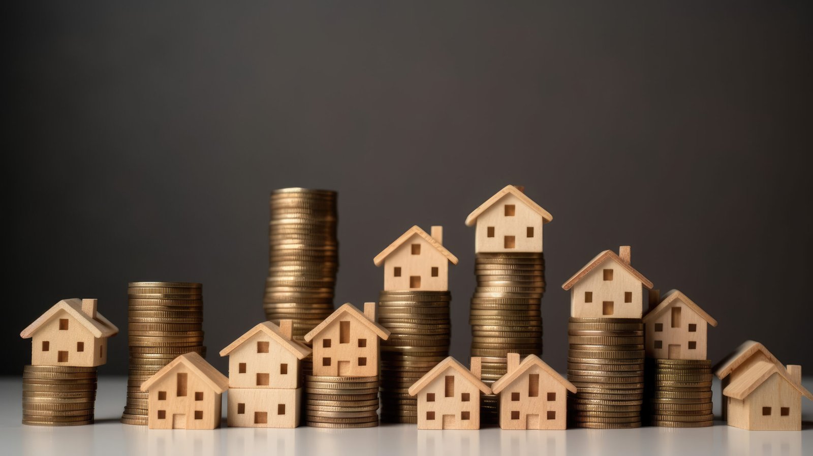 Un alignement ascendant de pièces de monnaie avec des maisons en bois qui représente la valeur croissante de l'immobilier et la solidité des investissements dans ce secteur.