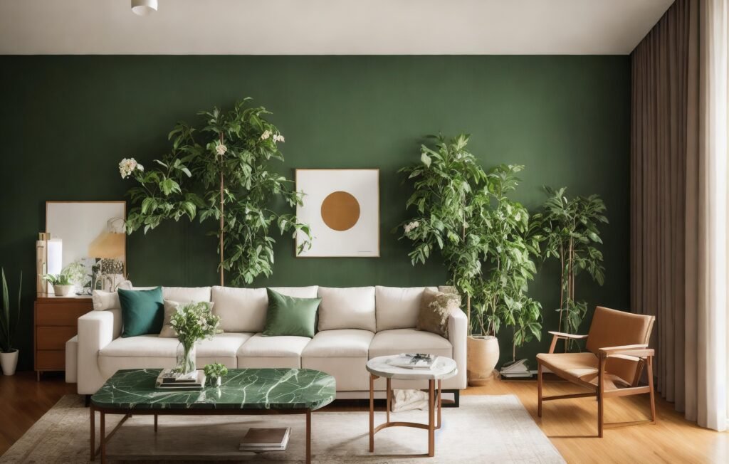 Un salon élégant avec mur vert forêt, accentué par de grandes plantes intérieures. Un canapé blanc confortable, une table basse en marbre vert, une chaise en cuir caramel et des touches déco en bois créent un espace accueillant et chic