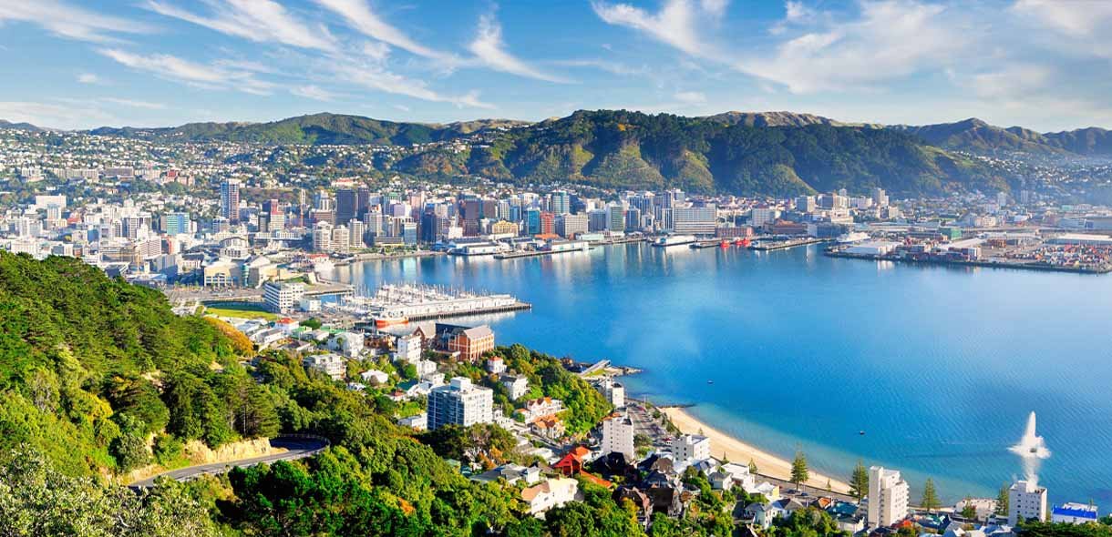 A panoramic view of Wellington, New Zealand, showcasing the harbor and surrounding hills.