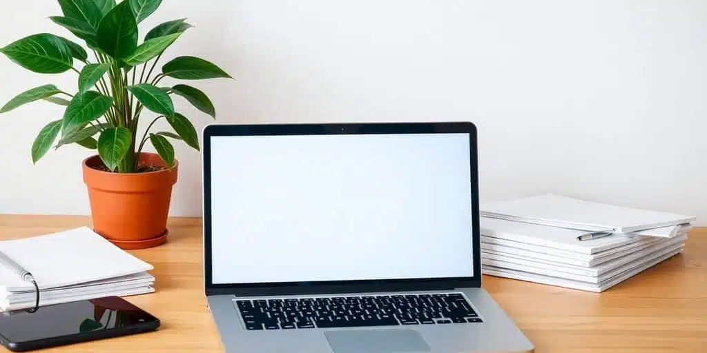 Serene workspace with computer and documents.
