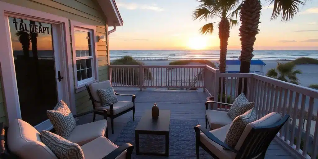 Location saisonnière avec mobilier extérieur accueillant au coucher du soleil.