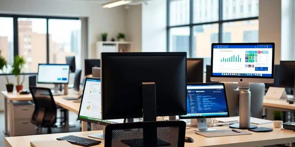 Modern office with computers and property management software.