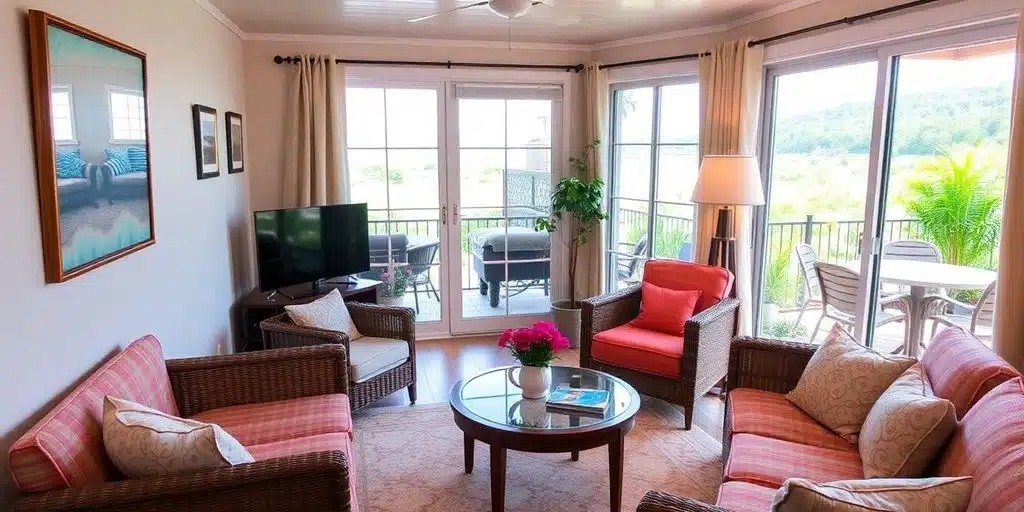 Location saisonnière accueillante avec vue et décoration lumineuse.