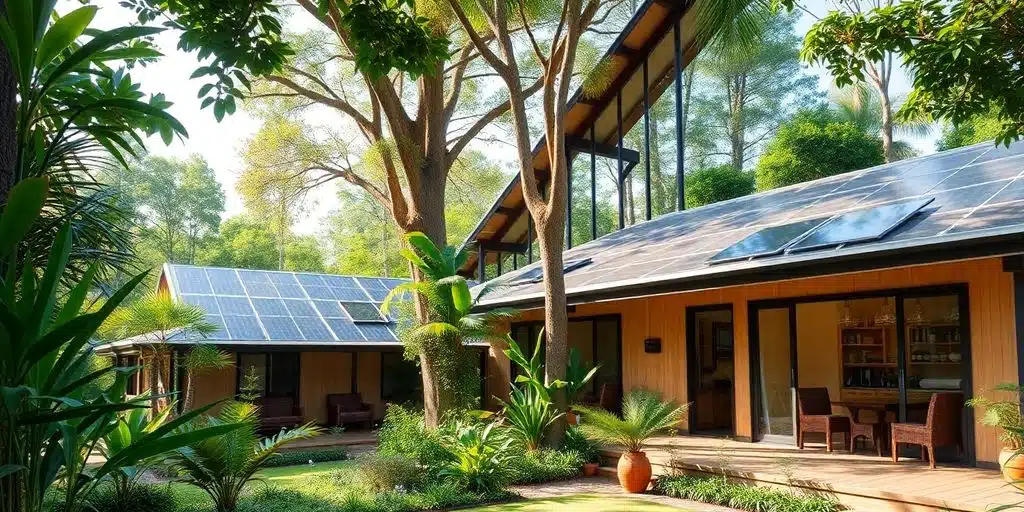 Eco-friendly housing in nature with natural light.
