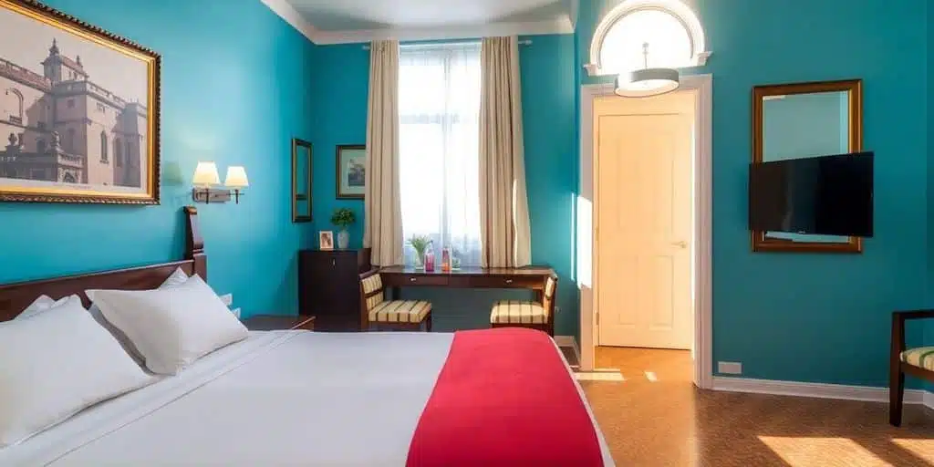 Chambre d'hôtel lumineuse et accueillante avec lit bien fait.
